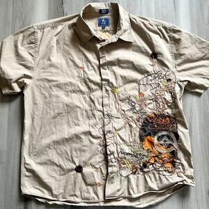 LRG Woven Tan Button Up Shirt Sz 3XL Y2K Lifted Research Group Embroidered EUC